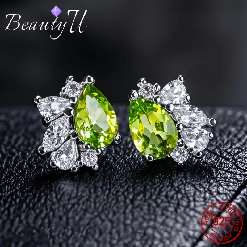 Women's 925 Sterling Silver Stud Earrings Pair Set - Pear-Cut Natural Peridot, Amethyst Gemstones - Ideal Female Daily Accessory or Gift, Daily Wear, Gemstone Set