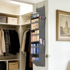 1 Pack Over the Door Organizer, Clear Window Hanging Storage with 4 Side Pockets, Anti Tilt 40 lbs Load Behind Door for Pantry, Nursery, Bathroom, Bedroom, Dorm, 5 Section, Gray