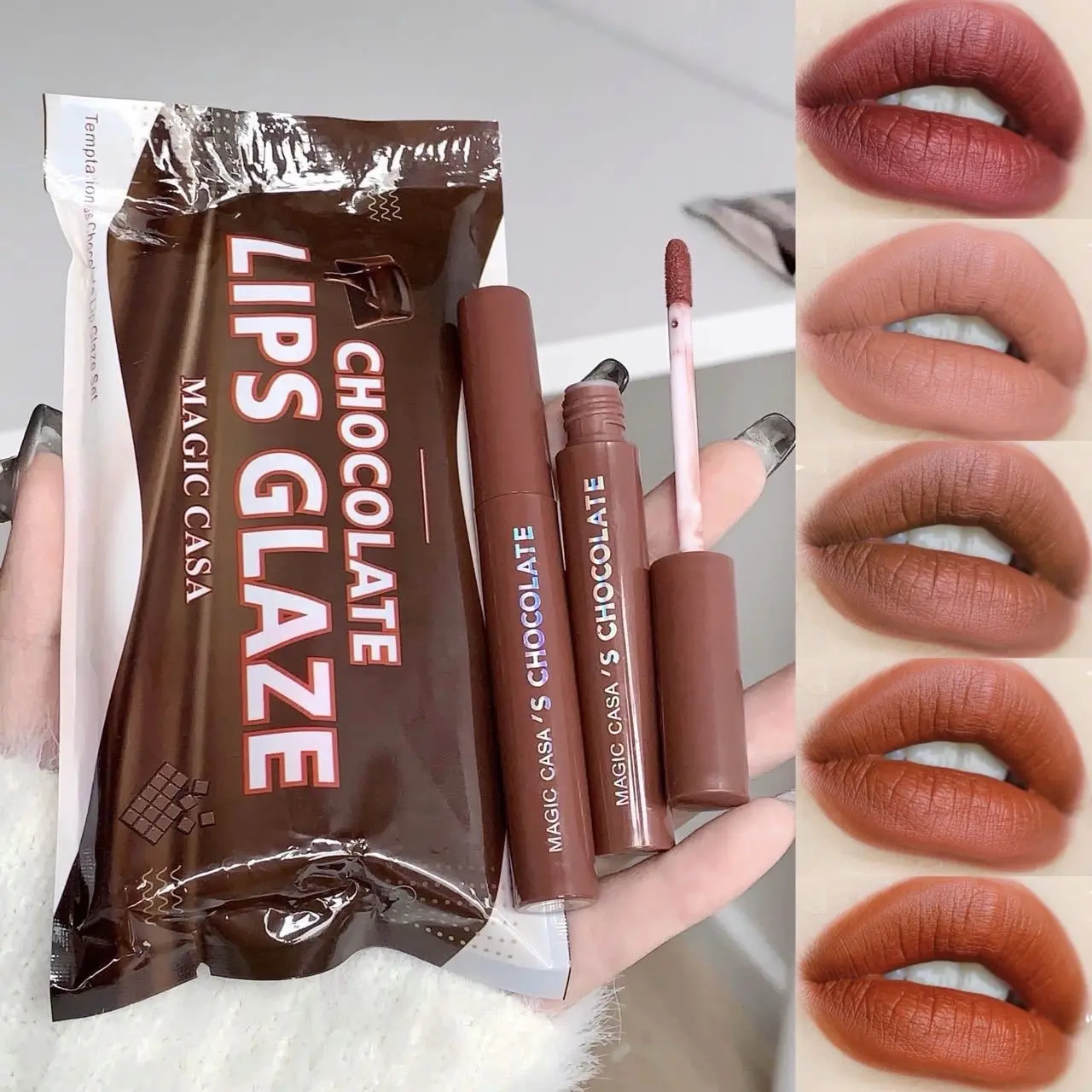 Magic Casa Chocolate Lip Glaze 5-Piece Set - Matte Velvet, Long-Lasting, Non-Fading Lip Mud with Glaze for Effective Glazing - Lipgloss, Gloss
