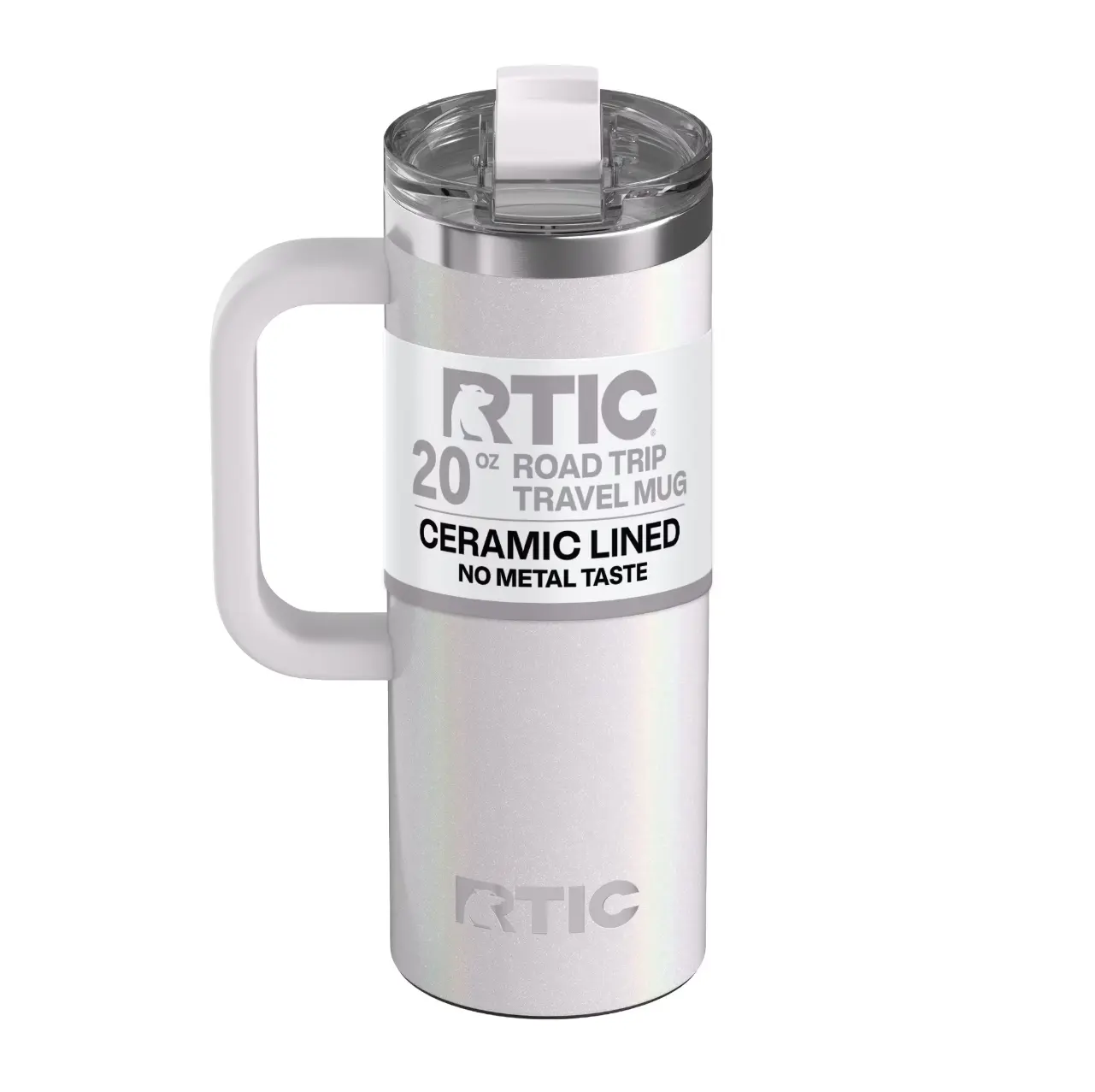 RTIC 20 oz Ceramic Lined Insulated Road Trip Travel Mug with Leak-Resistant Lid, White Glitter
