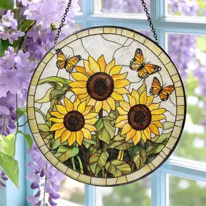 Sunflower Stained Glass Suncatcher, Butterfly Sunflower Window Hanging Decor, Gift for Mom Grandma, Spring Floral Bird Art, Sympathy Memory Gift