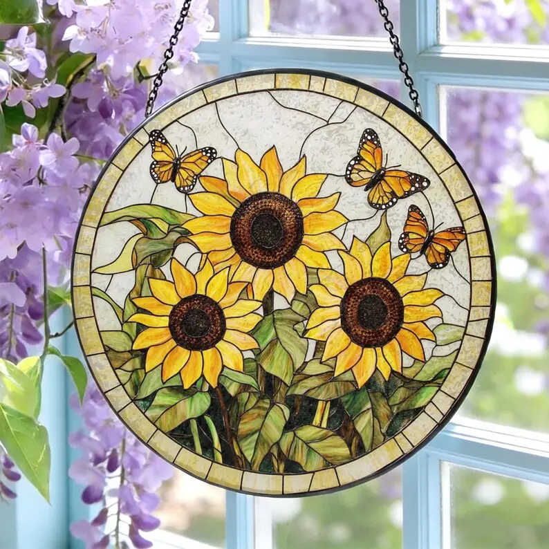 Sunflower Stained Glass Suncatcher, Butterfly Sunflower Window Hanging Decor, Gift for Mom Grandma, Spring Floral Bird Art, Sympathy Memory Gift