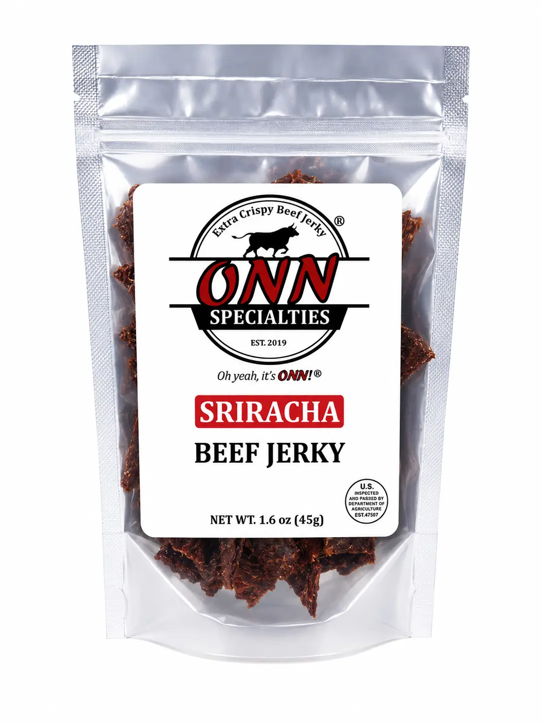 Sriracha Spicy Beef Jerky, Garlic-Flavored, High Protein Snack, A Good Source of Protein.