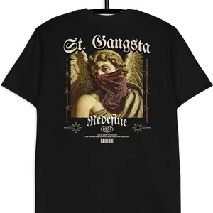RDE T-Shirt - St. Gangsta Design with Angel and Bandana Print, Black Color, Short Sleeve, Crew Neck, Casual Style