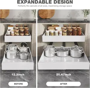 2 Pack Pull Out Cabinet Organizer 22" Deep,Full Extension 3 Slide Rails Slide Out Drawers With Raising Pad for Framed Cabinets,Expandable Width (12.3"-20.5"),No Drill Roll Out shelf,White