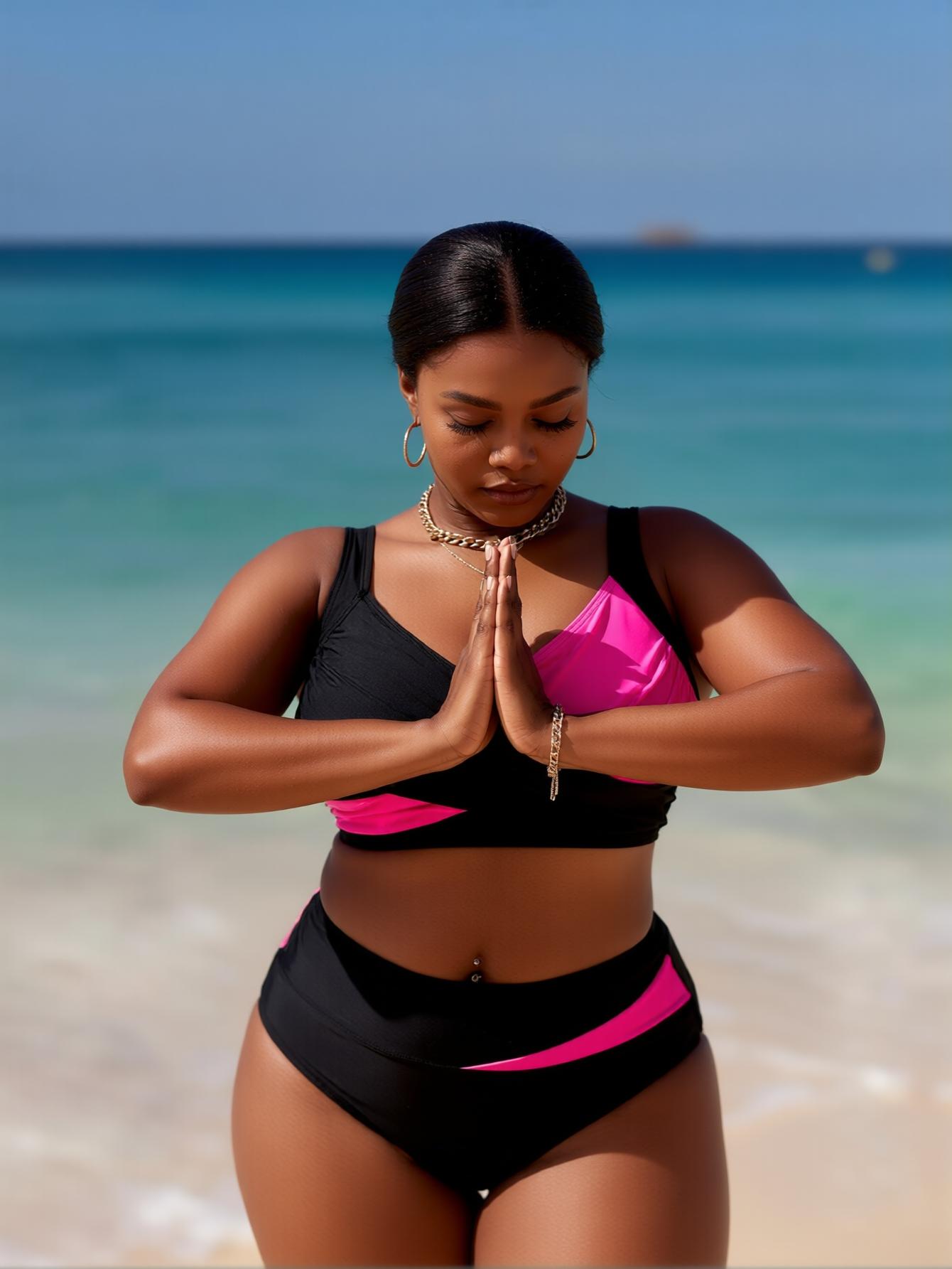 Casual Plus Size High Waist Two Piece Bikini Set Black Pink Color Block Tropical Style Beachwear