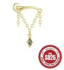 925 Silver Moss Agate Dangle Helix Chain Earrings. Threaded Flat Back Chain Drop Stud Earrings. Cartilage/Tragus/Helix/Rook Earrings