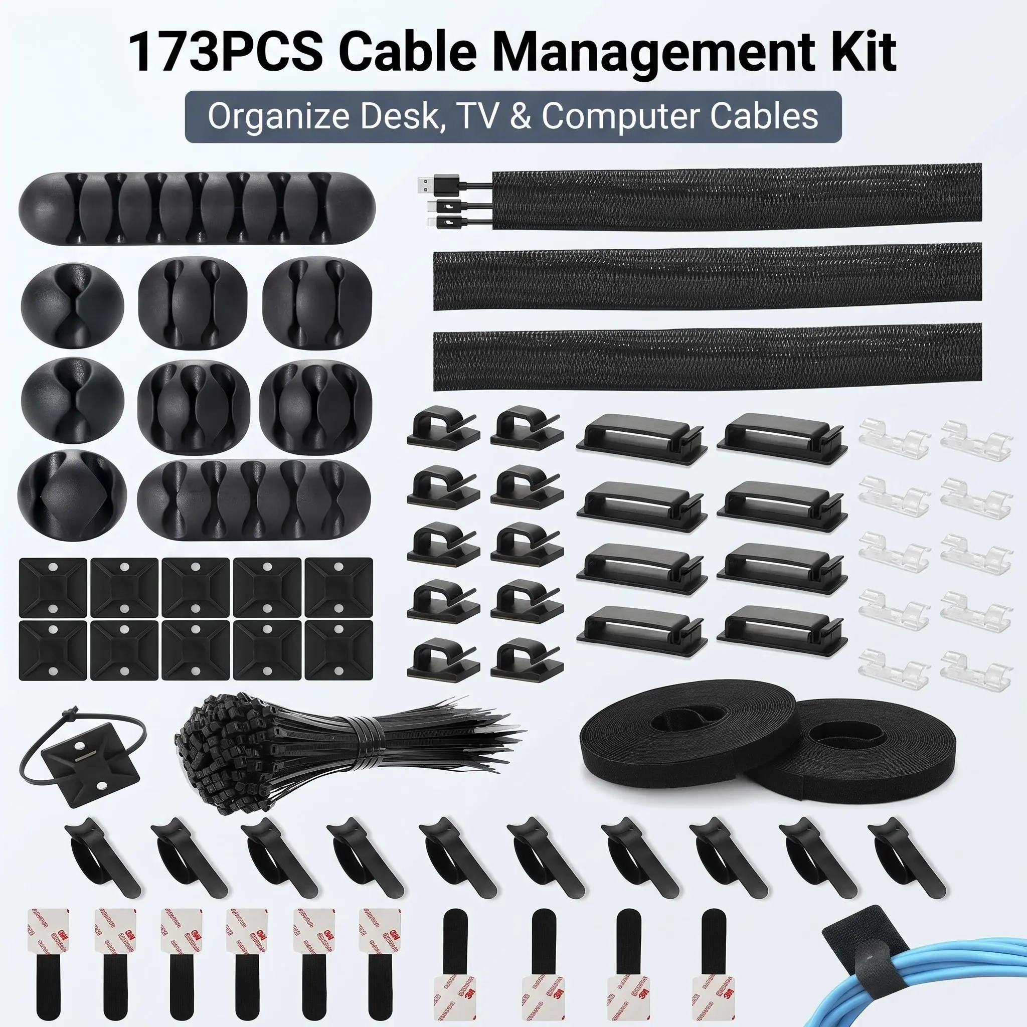 173PCS Cable Management Kit, Black Cord Organizer Set with Cable Clips, Zip Ties, Cable Sleeves and Adhesive Holders for Desk, TV, Computer, Home Office Wire Organization