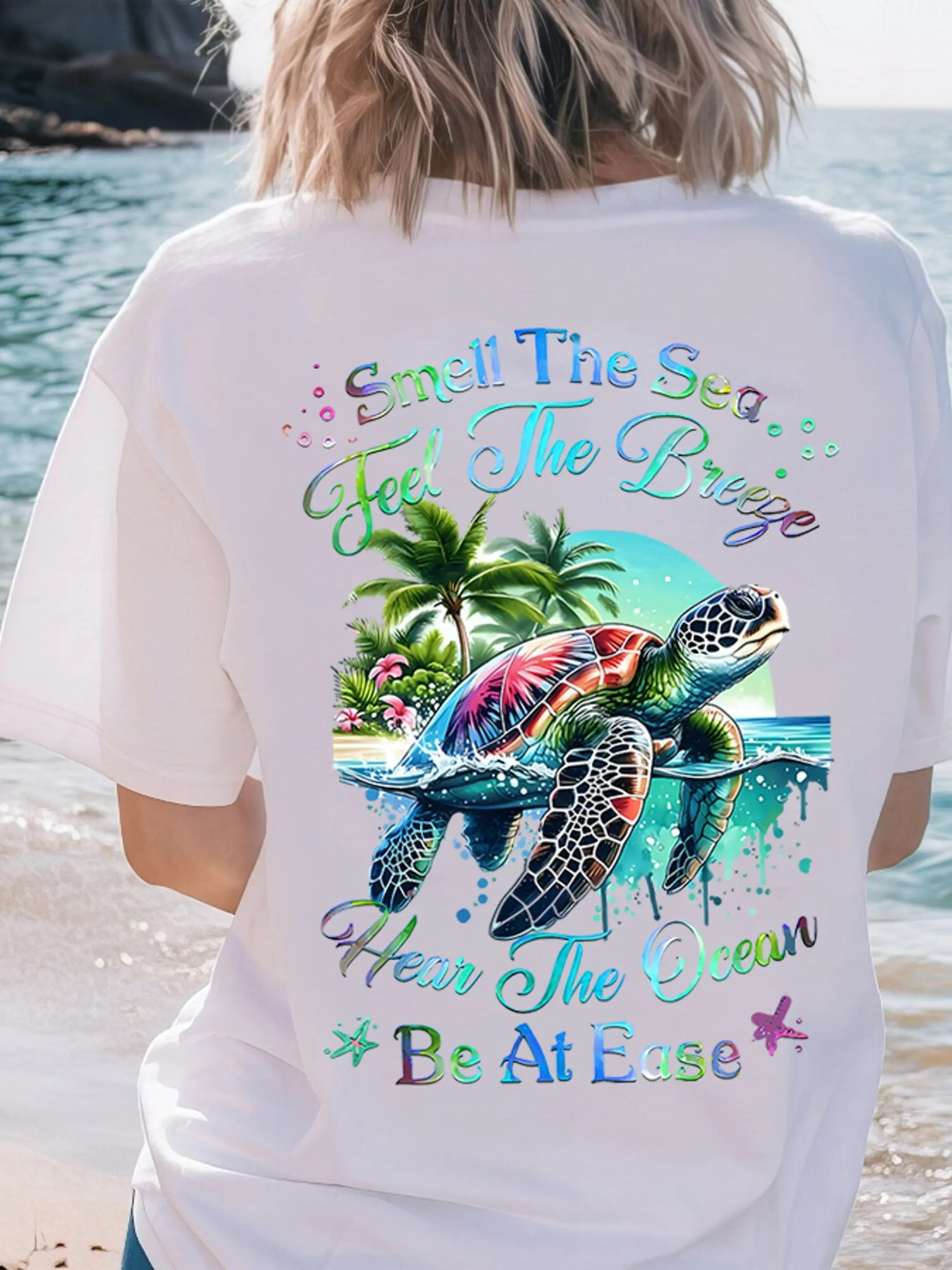 Women'S Plus Size Casual Loose Short Sleeve T-Shirt -  Breathable Round Neck Summer Top with Bright Sea Turtle And Tropical Patterns Machine Washable Beachwear for Spring Summer And Fall Turtle Decoration Comfortable T-Shirt