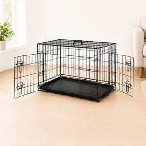 "24'' Metal Dog Crate with Double Door & Divider Panel, Foldable Travel Cage for Indoor & Outdoor, Anti-Drip Tray, Protective Feet, Upgraded Pet Crate with Accessories"