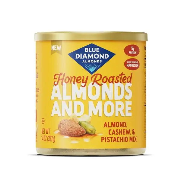 Blue Diamond Almonds, Mixed Nuts Sweet Honey Roasted Deluxe Snack Nuts, Almonds, Pistachios, and Cashews, 14oz. Can (Pack of 1)