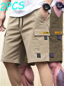 Summer Men's Workwear Shorts Two-Piece Set, Trendy Versatile Fashion, Multiple Pockets, Loose Fit Casual Shorts, Letter Pattern, Casual Sport Shorts