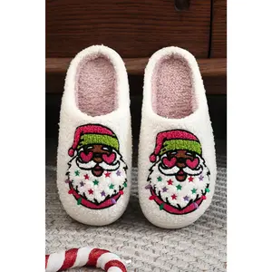 White Starry Santa Claus Pattern Christmas Plush Slippers