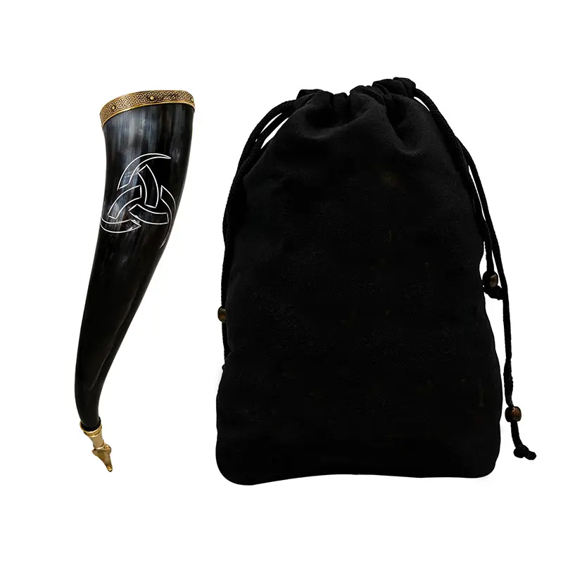 Medieval Viking Crocodile Brass Tip Drinking Horn with Odin's Design - 300-400 ml - Mugs, Drinkware Traditional