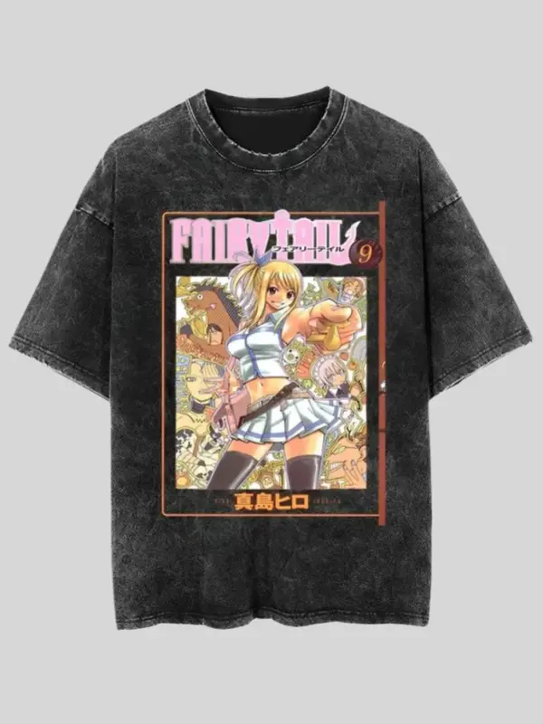 Men's Oversized Short-Sleeve Round Neck Vintage T-Shirt - Fairy Tail Lucy Heartfilia Manga Cover, Distressed Acid Wash, Festive Casual Streetwear Top, Summervibes Menswear Shortsleeve Tee, Tshirt,graphic t shirts for men