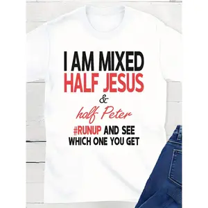 1pc "I'm Mixed, Half Jesus & Half Peter" Christian T-Shirt - Exquisite Lion and Jesus Gr White aphic Print, 100% Cotton, Round Neck, Short Sleeve, Casual Streetwear Tee for Adults Top Womenswear y2k  outfits  men  graphic tee