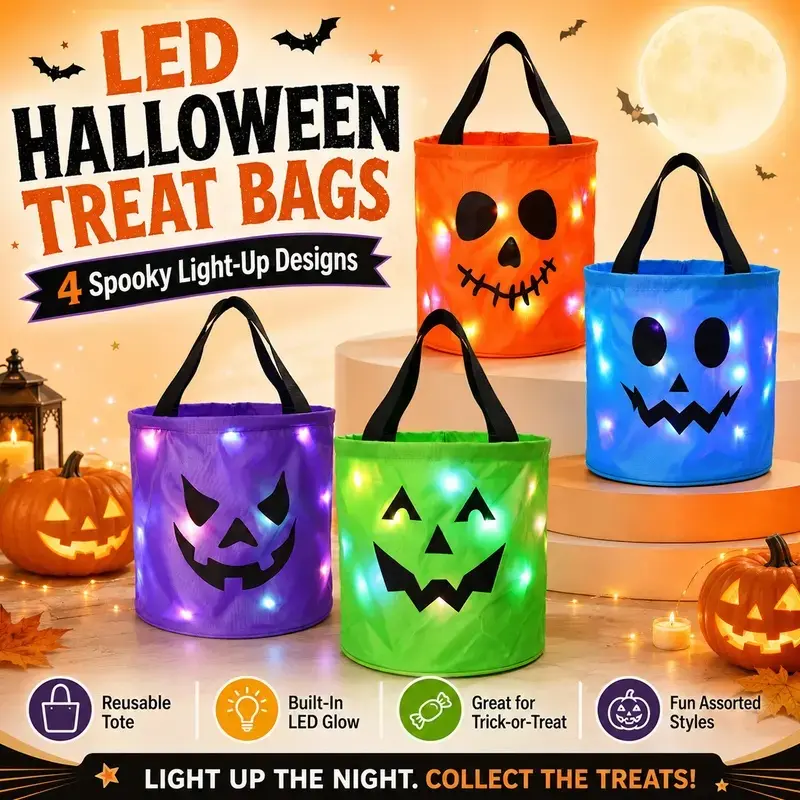 1/4PC LED Halloween Treat Bags for Kids, 4 Pack Light Up Halloween Candy Bags, Reusable Trick or Treat Tote Bags with Built-In LED Glow, Pumpkin Face Candy Buckets for Halloween Party Supplies