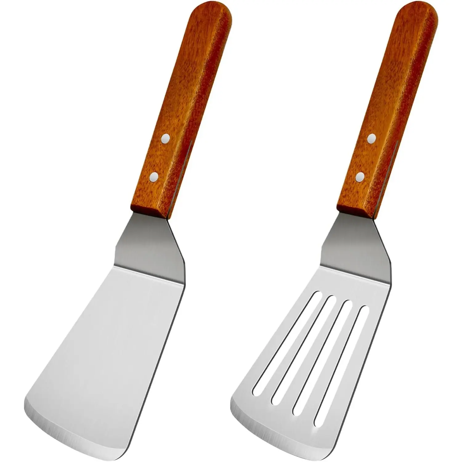 2 Pcs Metal Spatulas Set, Metal Spatula for Cast Iron Skillet, Cooking Utensils Fish Egg Grill Spatula Stainless Steel Slotted Spatula, Wok Flat Top Small Metal Spatula Turner with Wood Handle