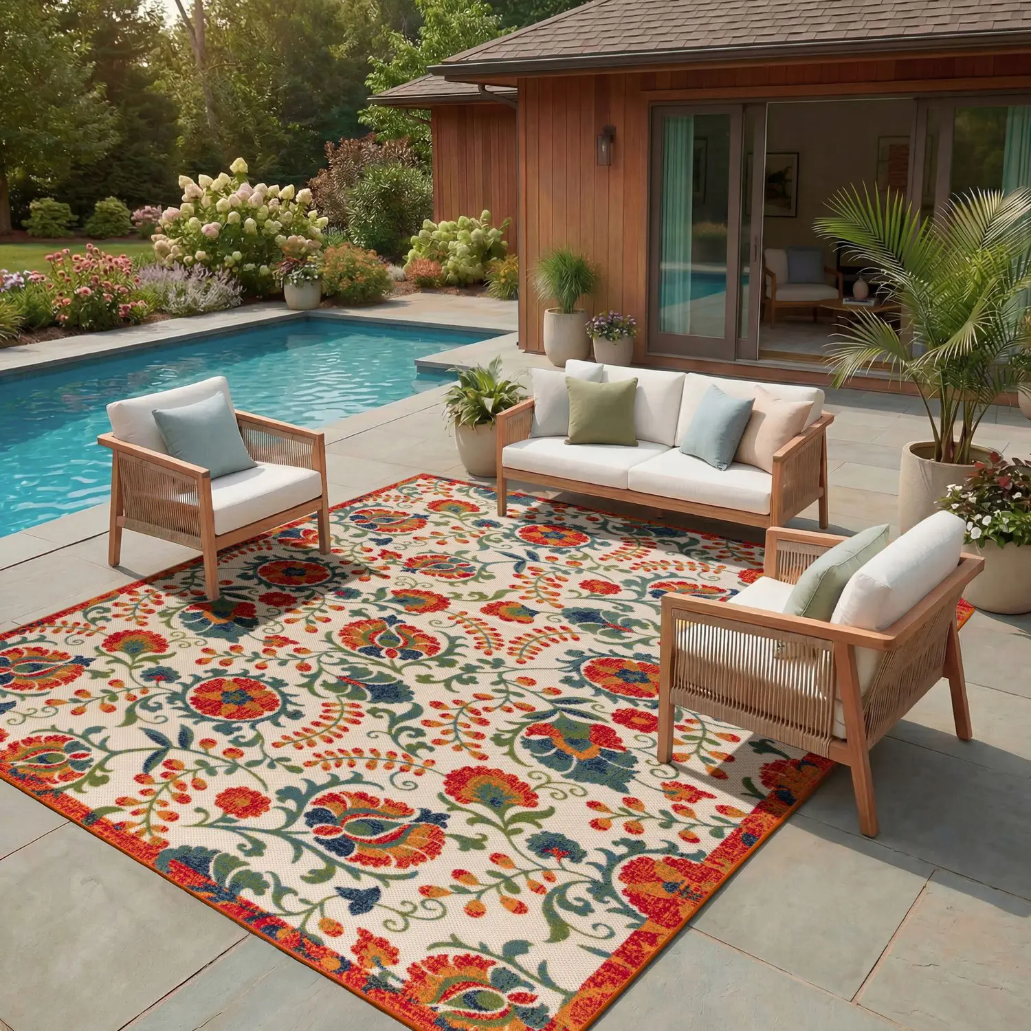 Nourison Floral Print Area Rug - Textured Decorative Outdoor Rug for Patio and Outdoor Spaces, Floral Print Rug