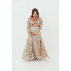 Daphne Long Sleeve Maxi Dress in Beige/Multi Floral - Bump Friendly & Inclusive Sizing (XS-3XL)