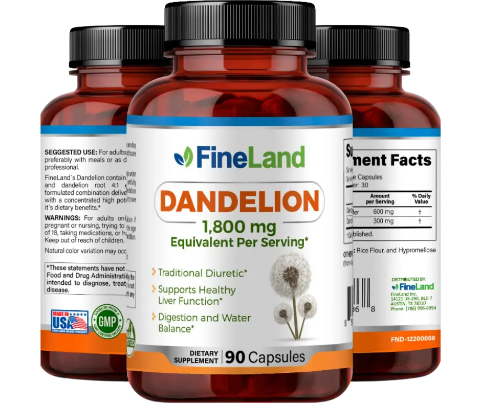 FineLand DANDELION 1,800 mg Diuretic, Supports Liver Function, Digestion & Water Function 90 Capsules / 30 Servings