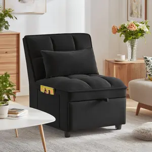 4 in1 Multi-Function Single Sofa Bed with Storage Pockets,Tufted Single Pull-out Sofa Bed with Adjustable Backrest and Pillows ,Convertible Chaise Lounge,Black