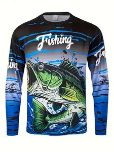 Men's Long Sleeve Fishing Pattern T-Shirt, Elastic Fabric with Vivid Fish Print, Sporty Style for Hiking, Fishing, Hunting, Outdoor Activities