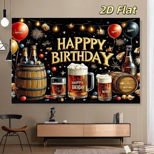 2DFlat1pc Beer Party Style HAPPY BIRTHDAY Birthday Banner, With Wooden Barrels, Beer Glasses, Balloons and String Light Elements, Ideal for Men's Birthday, Beer Themed Party, Adult Celebration Decoration, Can Be Used as a Photo Banner or Wall Decor