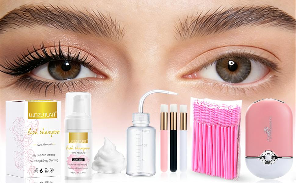 3.38oz Eyelash Extension Cleanser - Lash Mousse Shampoo, Lash Brushes, Cleanser Brush, Wash Bottle for Long-Lasting Lashe  Daily Mascara Nourishing
