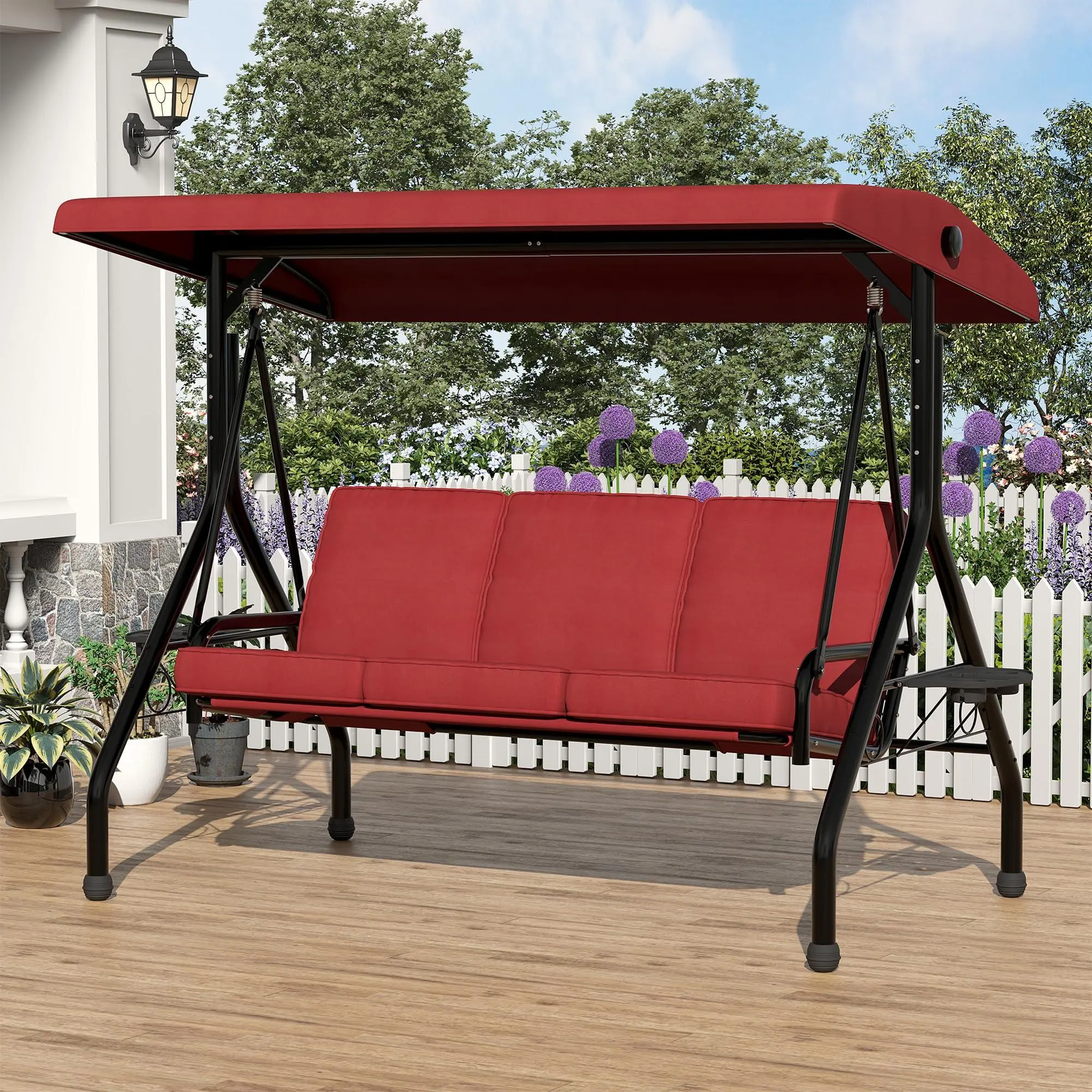 GARVEE 3 Seat Outdoor Patio Swings with Canopy, 2-in-1 Porch Swing with Cup Holders ＆ Thickened Removable Cushions, Outdoor Swing with Weather Resistant Steel Frame for Backyard, Porch, Garden,Red