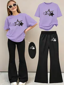 2pcs Girls' Summer Fashion Print Drop Shoulder Short Sleeve T-Shirt + Elastic Bell Pants Set, Outfits, Comfortable Soft Sweat Absorbing Round Neck T-Shirt + Casual Bell Pants, Everyday