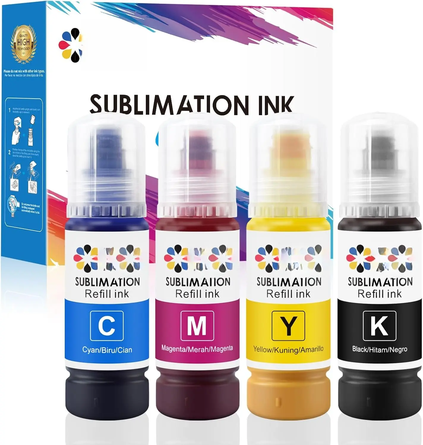 Sublimation Ink for Epson 2800 ET2803 ET2850 ET2720 ET2760 ET4800 ET15000 Heat Press Transfer Ink (Auto-Fill Anti-UV ICC-Free)