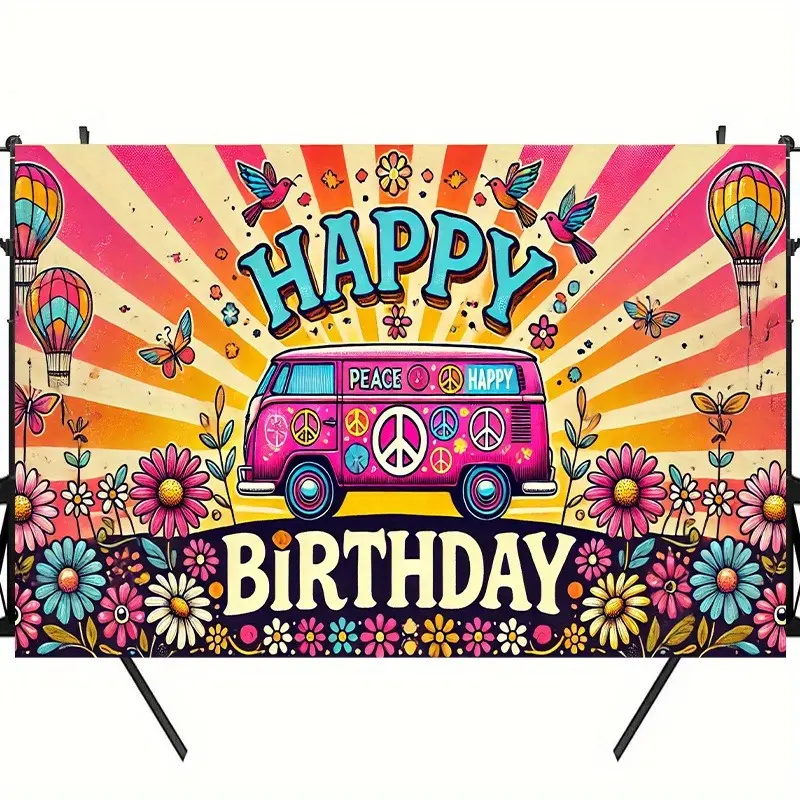 Bohemian Peace Theme Hippie Bus Flower Print Photo Backdrop, 40x60in Polyester Indoor Banner, Multipurpose Decorating Supply for Birthday Party Cake Table, Photo Booth, 40*60Inch
