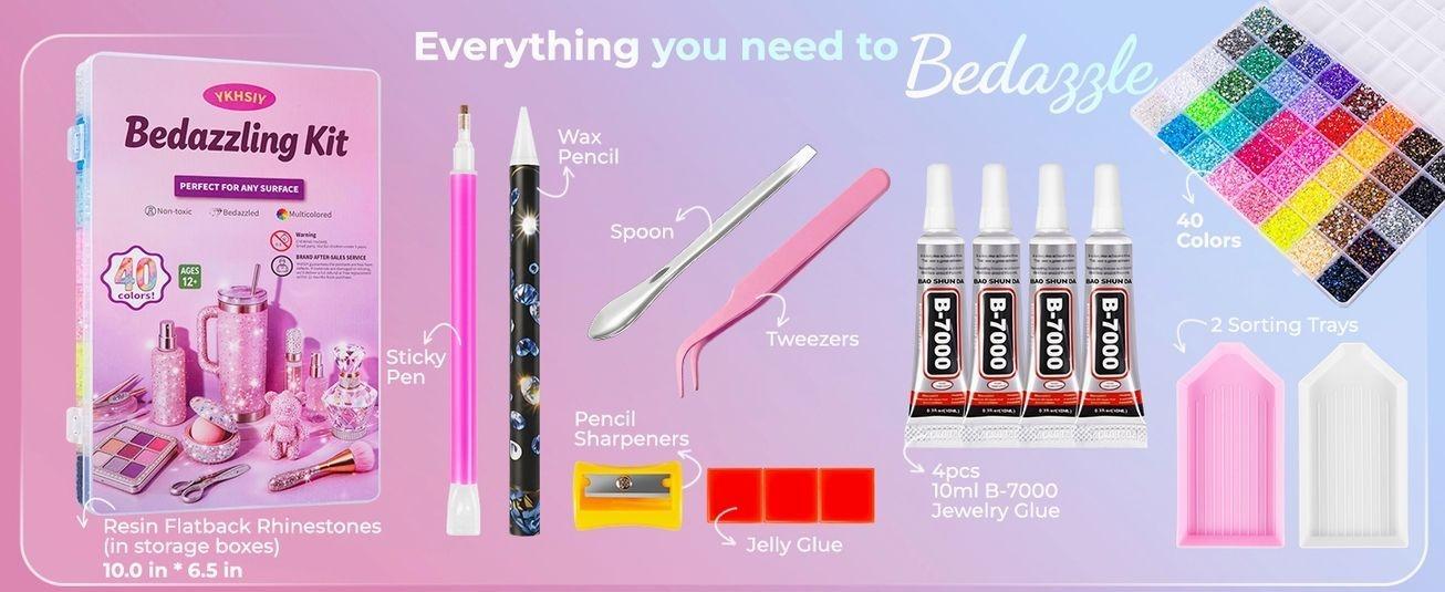 Bedazzling Kit 40000Pcs 40 Colors Resin Jelly Rhinestones, Multicolor 3mm Flatback Gems for Diamond Art, Bedazzler Kit with 4Pcs 10ml B7000 Jewelry Glue & Tools for DIY Nail Art Crafting Makeup Adults