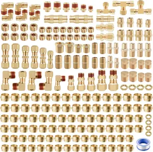 220Pcs Brass DOT Air Line Fittings Push Lock Air Fittings & Air Nylon Tube Compression Fittings Kits,1/4" 1/8" 3/8" 1/2" NPT Push To Connect Fittings Quick Connect Air Hose Fittings Assortment