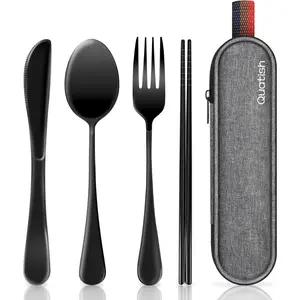 Travel Utensils with Case-Portable Stainless Steel Reusable Cutlery Set for Work, Camping, Picnic - Fork and Spoon Set for Men, Black