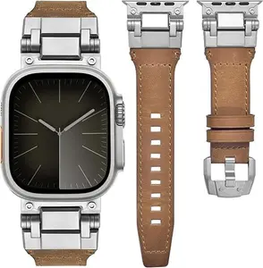 Rugged Genuine Leather Band for Apple Watch Ultra 2/1 Men 49/46/45/44/42mm Comfortable Replacement iWatch Bands with Stainless Steel Connector for Series 10 9 8 7 6 5 4 3 2 1 SE Vintage Wrist Strap Smartwatch Accessories