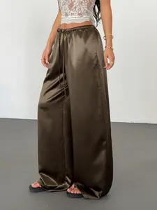 Brown Satin Wide Leg Pants Bottom Womens High Waist Elastic Adjustable Drawstring Loose Fit Flowing Trousers Soft Shiny Fabric Casual Chic Lounge Vacation Streetwear Y2K Minimal Style Summer Fashion Pants Womenswear