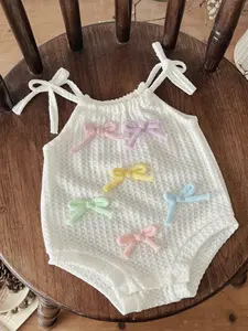 Korean Style Fresh Colorful Bow Baby Romper, Infant Breathable Knit Halter Crawling Suit, Loose-Fitting Casual Clothing for Babies