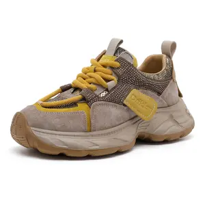 Women's Sneakers Beige & Yellow Lace-Up Shoes with Comfortable Sole Stylish Design for Casual Outings