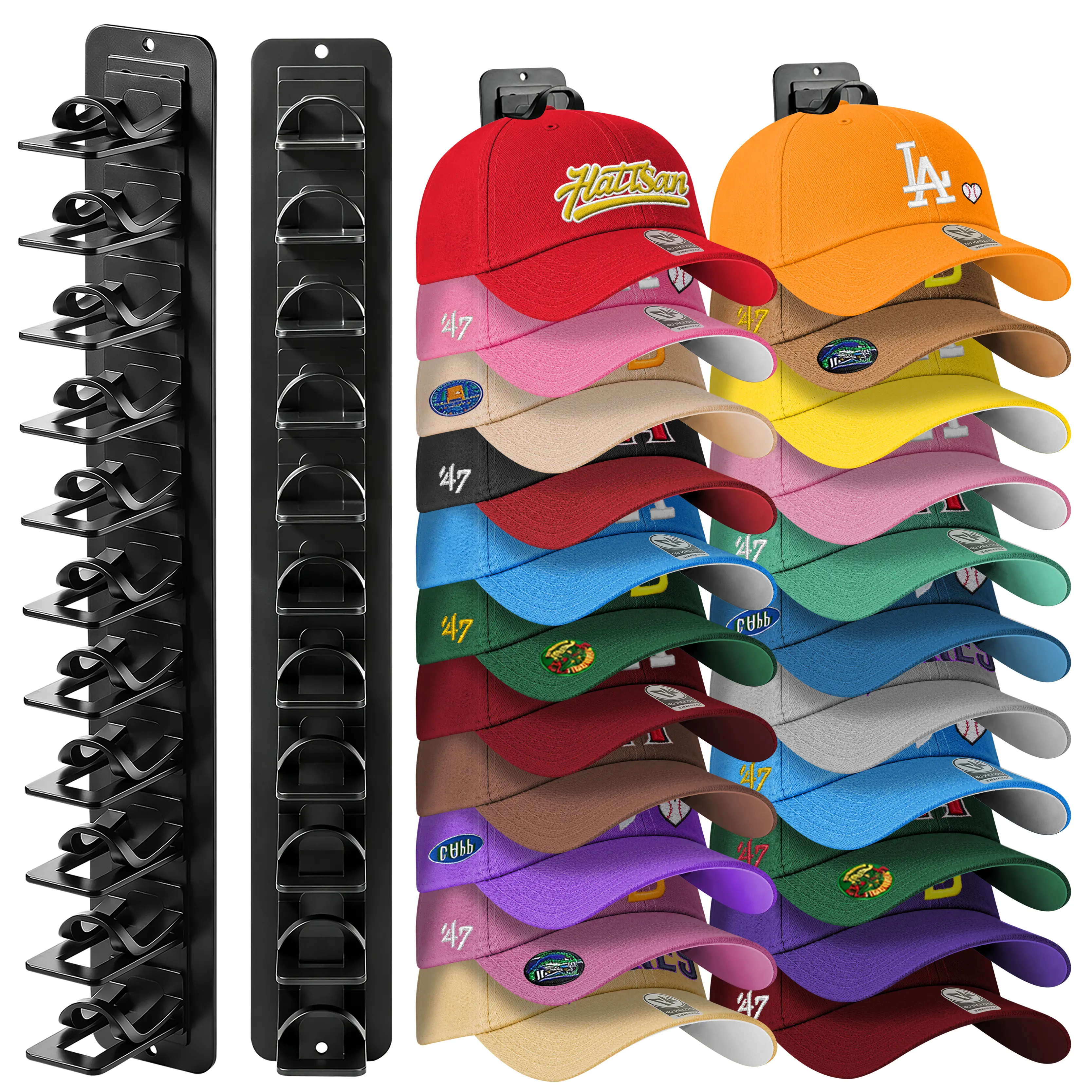 Detachable DIY Hat Organizer for Baseball Caps, 2 Pack Hat Rack on Wall Hold Up to 22 Hats, Cap Organizer Hat Holder for Wall with Adhesive and Nail for Wall Closet Door Bedroom, Wall-Mounted Hat Storage for Men, Decoration Hat Hooks for Caps, Hat Hangers