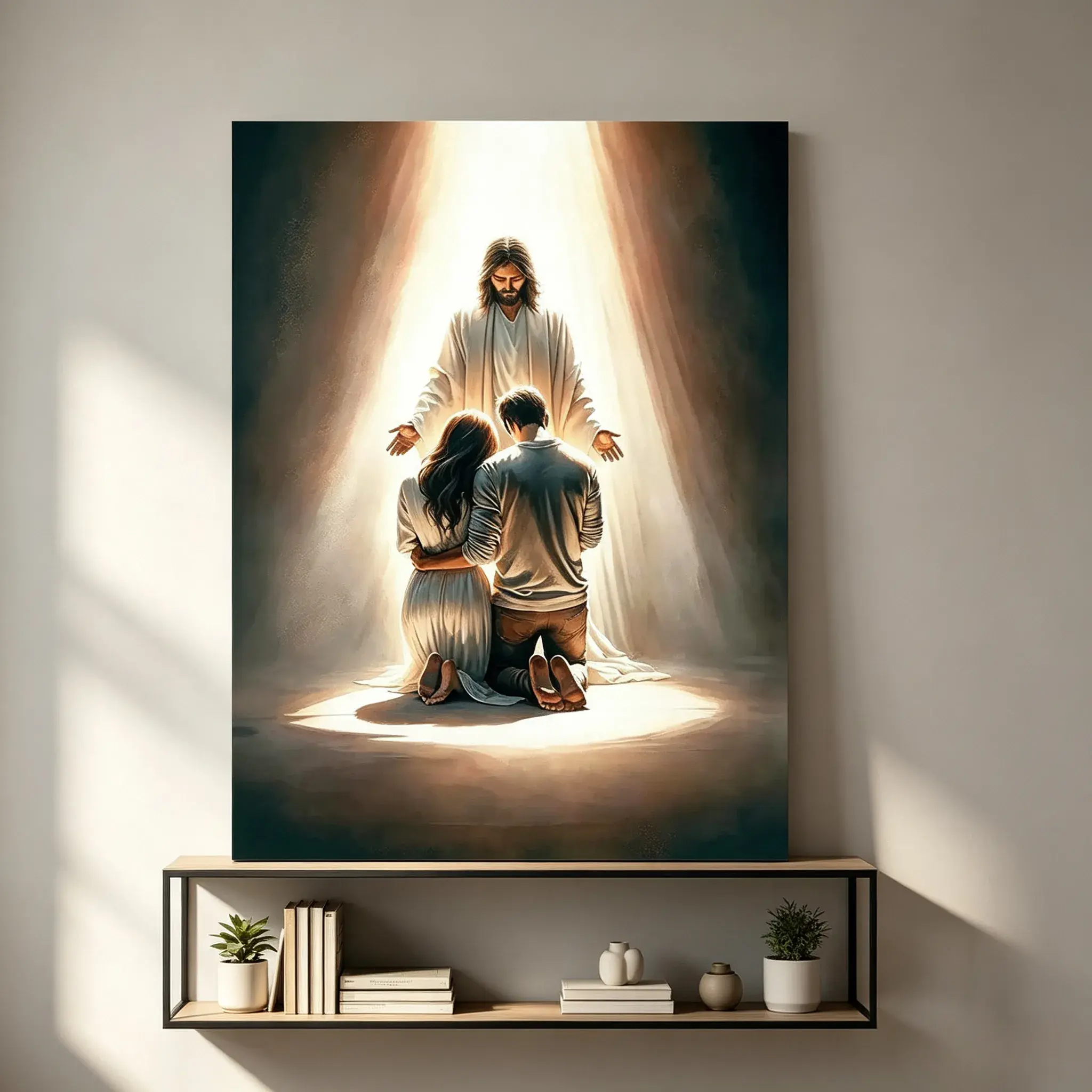 Jesus Comforting Kneeling Couple Canvas Wall Art, Sacred Christian Faith Portrait Warm Divine Light Print, Religious Spiritual Decor Bedroom Prayer Room Gift