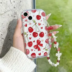 Cherry Blossoms Pearl Chain Case Compatible For iPhone 15 14 7 8 Plus 15 14 12 13 Pro Max 16 11 Pro XR XS X SE Puppy Teddy Bear Clouds Floral Transparent Phone Cover Cases