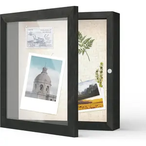 8x8 Deep Shadow Box Frame, Wooden Display Case w. Linen Board & Tempered Glass Door - Black Woodgrain - Small - Wall Mounted