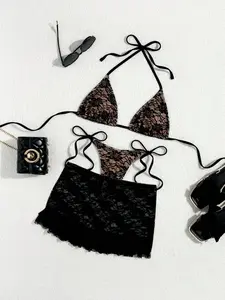 Three-Piece Lace Halter Neck Bikini Set, Sheer Lace Design, Matching Sarong, Perfect for Beach Vacations or Tropical Trips
