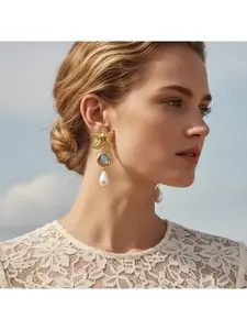 Ocean Style Starfish Spliced Imitation Pearl Water Drop Earrings