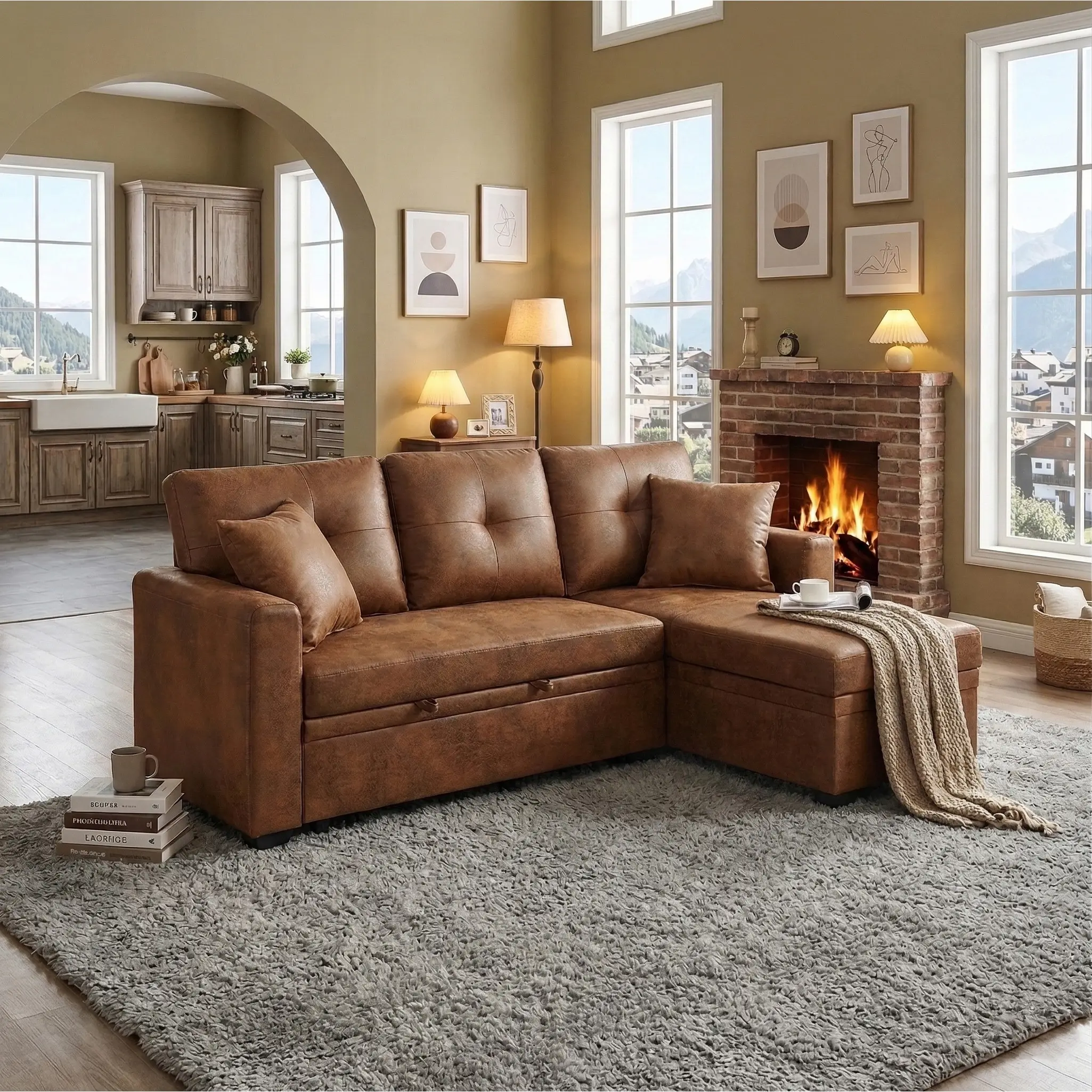 Light Brown Breathable Fabric L-Shaped Sleeper Sectional Sofa - Pull-Out Convertible Bed, Reversible Chaise, Storage Compartment, Small Space Living Room Indoor Furniture