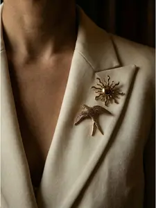 "Sun God & Swallow" Vintage Aged Brooch | Light Luxury Metallic Finish | Minimalist High-End Suit Pin | French Elegant Accessory | Delicate Gift for Best Friend / Girlfriend