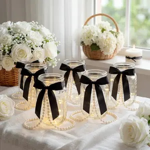 6 Sets Mason Jars Centerpieces for Table Bridal Shower Mason Jar Lights Vases with Black Bow and Pearl Ribbon Bow Vase for Flowers Table Engagement Party Bridal Shower Wedding Centerpieces