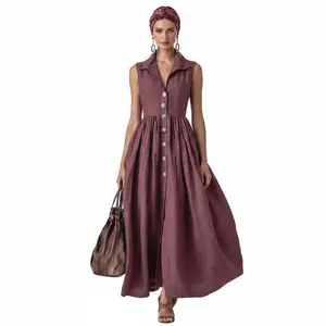 This sleeveless dress exudes bohemian charm, with a single-breasted design showcasing retro appeal, while the cinched waist and A-line skirt accentuate the figure. Made from breathable linen, it offers a comfortable and luxurious wearing experience.